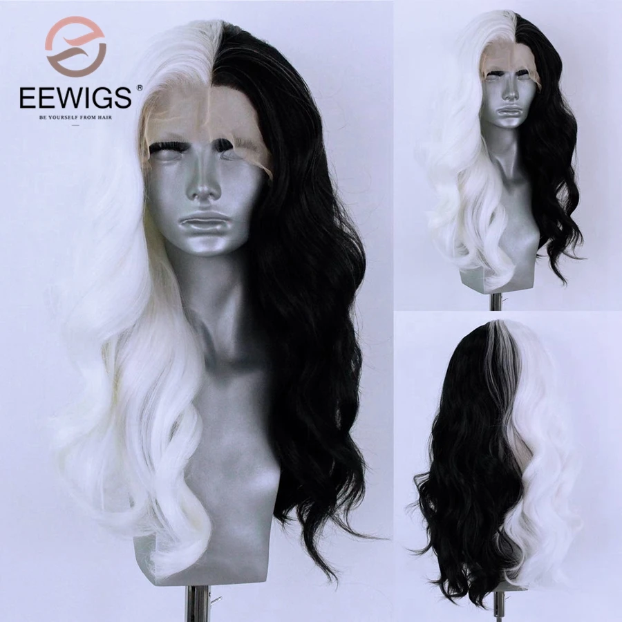 Синтетический парик на кружеве спереди, наполовину черный, наполовину белый, свободная волна с естественной линией роста волос, 13x4, плотность 180, Женский косплей королевы Изображение 2
