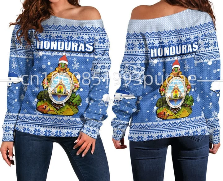 2023 Гондурас, Женский свитер с открытыми плечами, 3D принт Флага Гондураса, Повседневный уличный свитер с открытыми плечами, Модный женский свитер Изображение 4