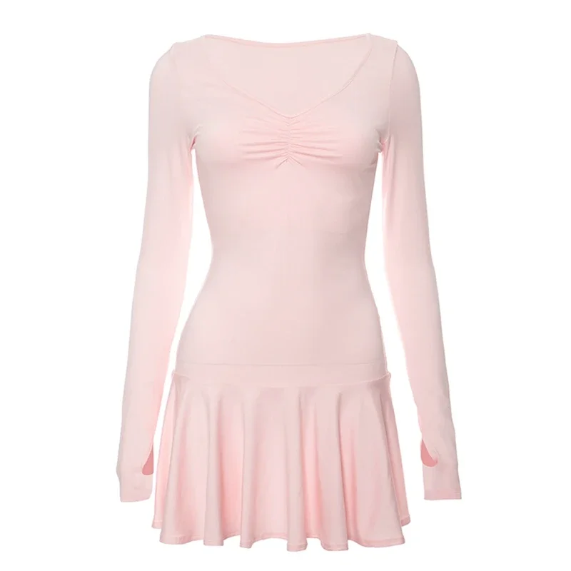 Корейская мода Y2k Fairycore Kawaii Розовое мини-вечернее платье с длинным рукавом и рюшами, короткие платья для женщин Изображение 5