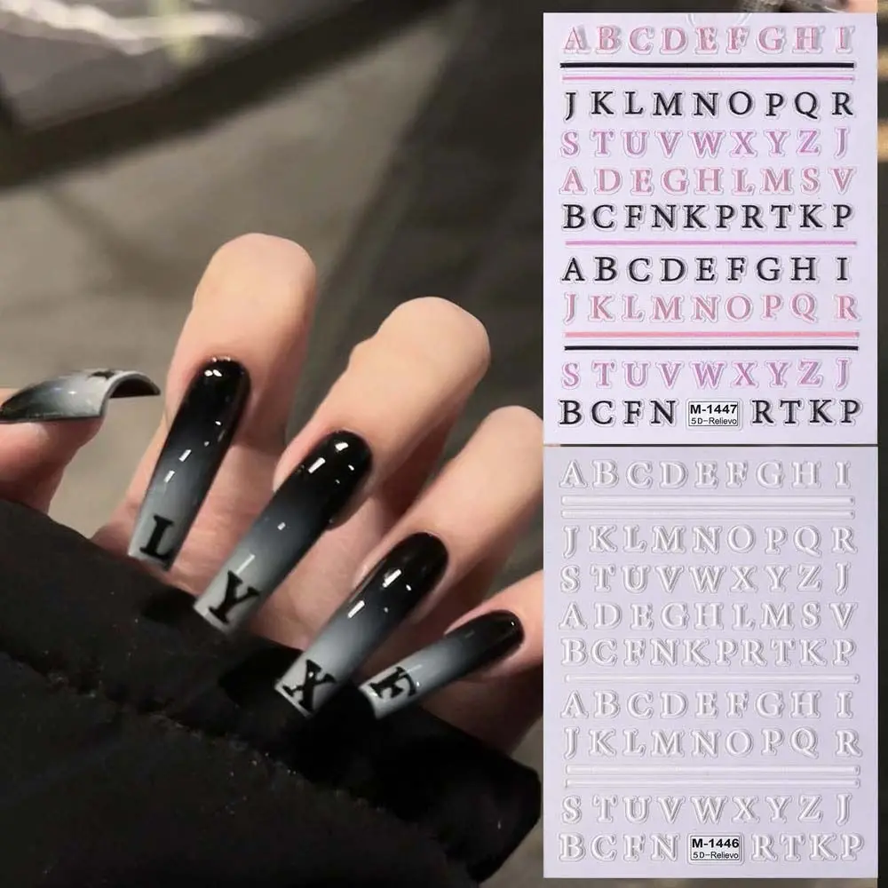 Красочные 3D рельефные Черно-розовые наклейки для ногтей с английскими буквами, принадлежности для нейл-арта, наклейки для ногтей с заглавными буквами, украшения для маникюра Изображение 0