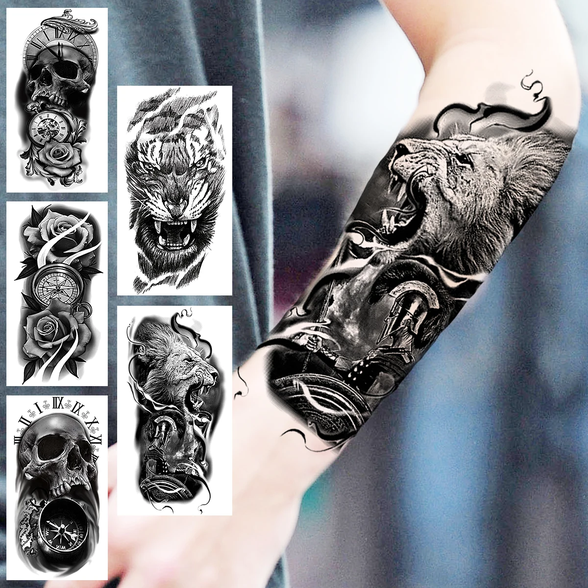 Временные татуировки Самурая Черного Льва Для мужчин И женщин, реалистичный скелет Тигра, Компас, цветок, поддельная татуировка, наклейка на предплечье, татуировки 3D Изображение 0