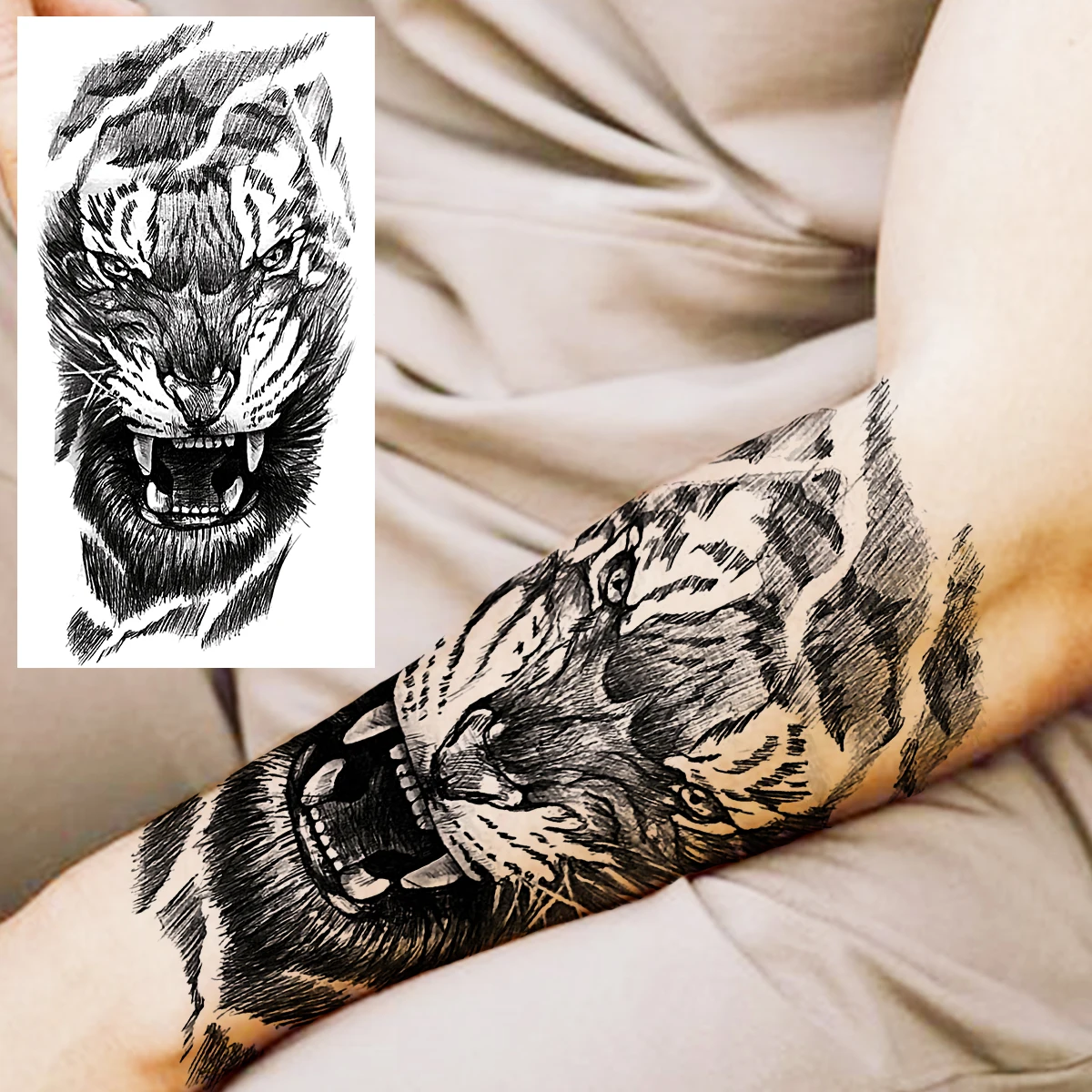 Временные татуировки Самурая Черного Льва Для мужчин И женщин, реалистичный скелет Тигра, Компас, цветок, поддельная татуировка, наклейка на предплечье, татуировки 3D Изображение 3