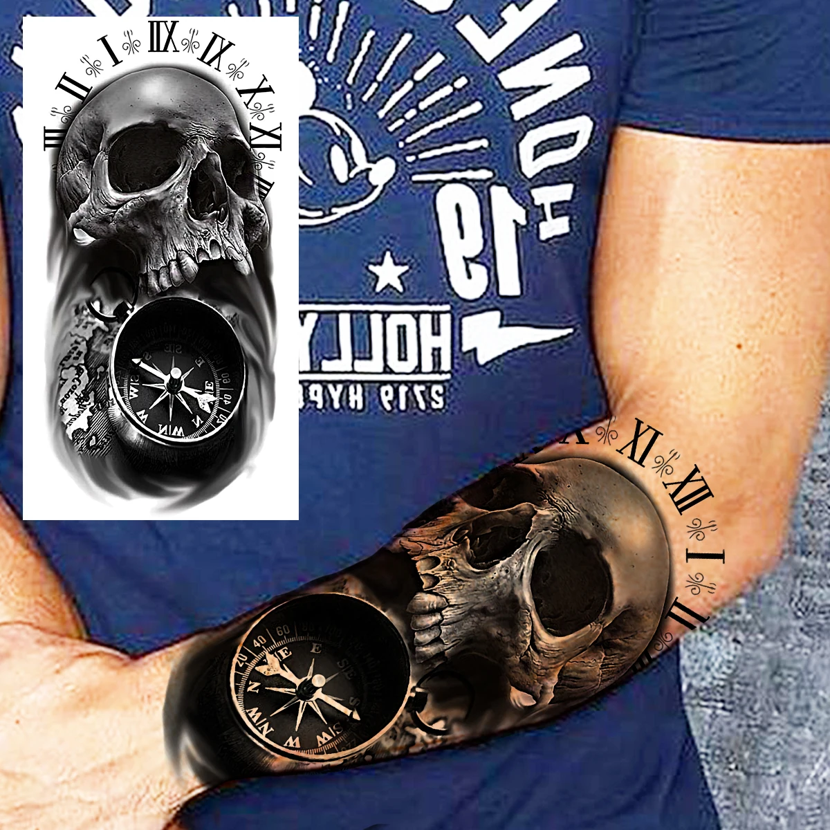 Временные татуировки Самурая Черного Льва Для мужчин И женщин, реалистичный скелет Тигра, Компас, цветок, поддельная татуировка, наклейка на предплечье, татуировки 3D Изображение 4