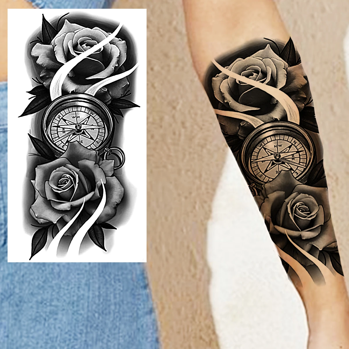 Временные татуировки Самурая Черного Льва Для мужчин И женщин, реалистичный скелет Тигра, Компас, цветок, поддельная татуировка, наклейка на предплечье, татуировки 3D Изображение 5