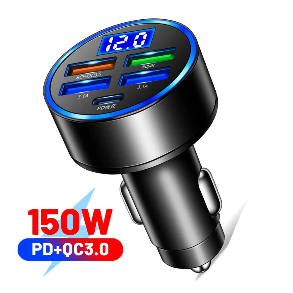 5 Портов USB C Автомобильная Зарядка 150 Вт Quick Charge 3.0 Быстрая Зарядка Для Xiaomi Huawei Адаптер Зарядного Устройства Для Мобильного Телефона в автомобиле Изображение 0
