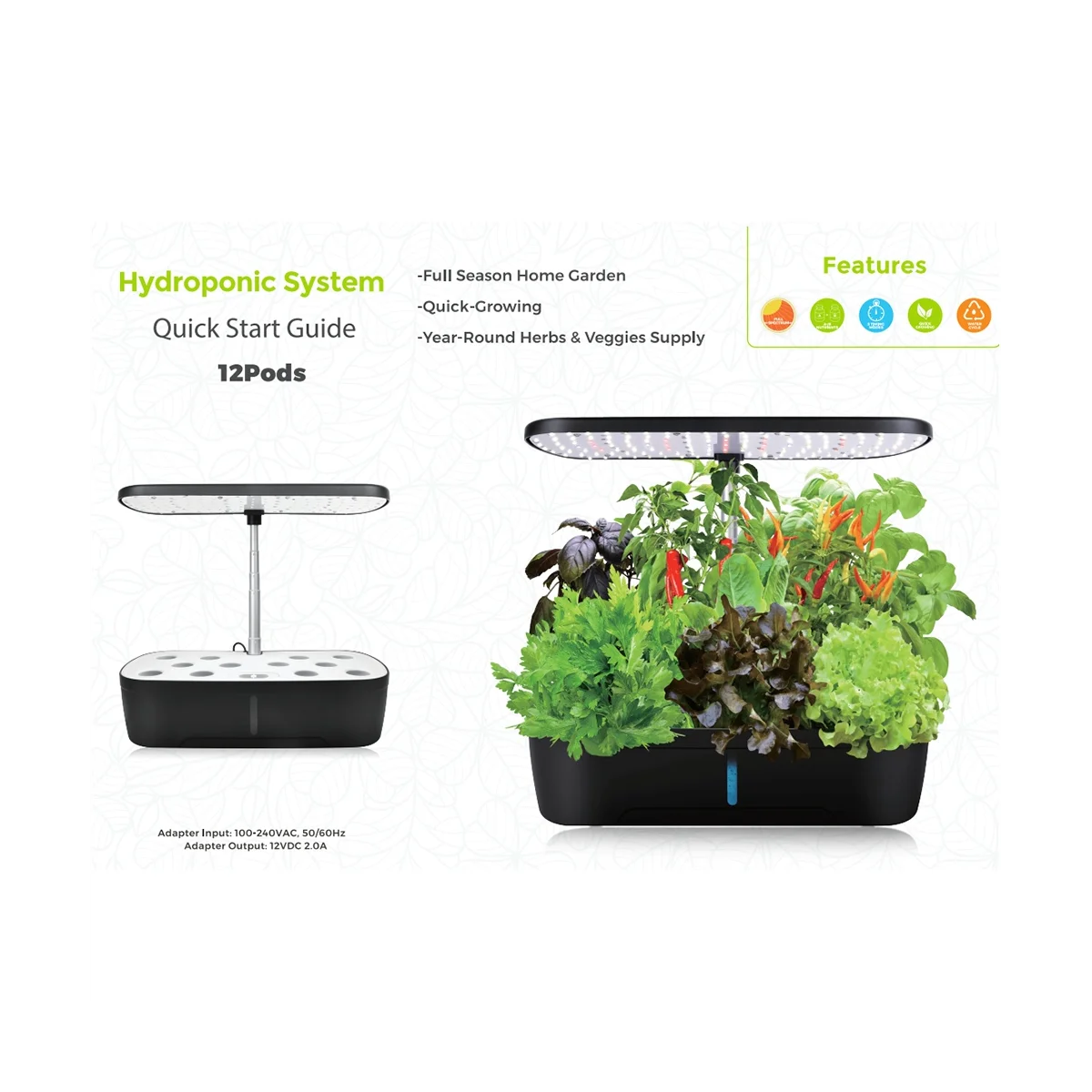 Система выращивания гидропоники, 12 стручков, комнатный сад с травами, сеялка для выращивания растений со светодиодной подсветкой, черная, штепсельная вилка ЕС Изображение 2