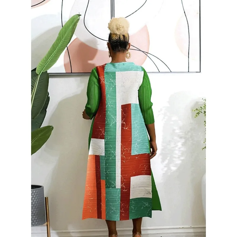 GGHK Miyake Плиссированное Женское Платье С Принтом 2023, Осенний Новый Дизайн С Блокировкой Цвета, Свободное Платье Большого Размера, Модная Женская Праздничная Одежда Изображение 1