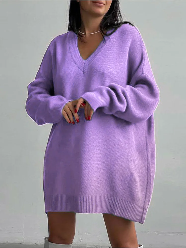 Осень-Зима, Новый стиль, Свободный свитер с V-образным вырезом, женский фонарь, длинный рукав, однотонный вязаный пуловер, повседневные осенне-зимние трикотажные топы, Изображение 1