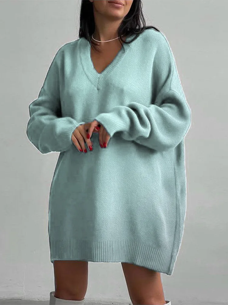 Осень-Зима, Новый стиль, Свободный свитер с V-образным вырезом, женский фонарь, длинный рукав, однотонный вязаный пуловер, повседневные осенне-зимние трикотажные топы, Изображение 4