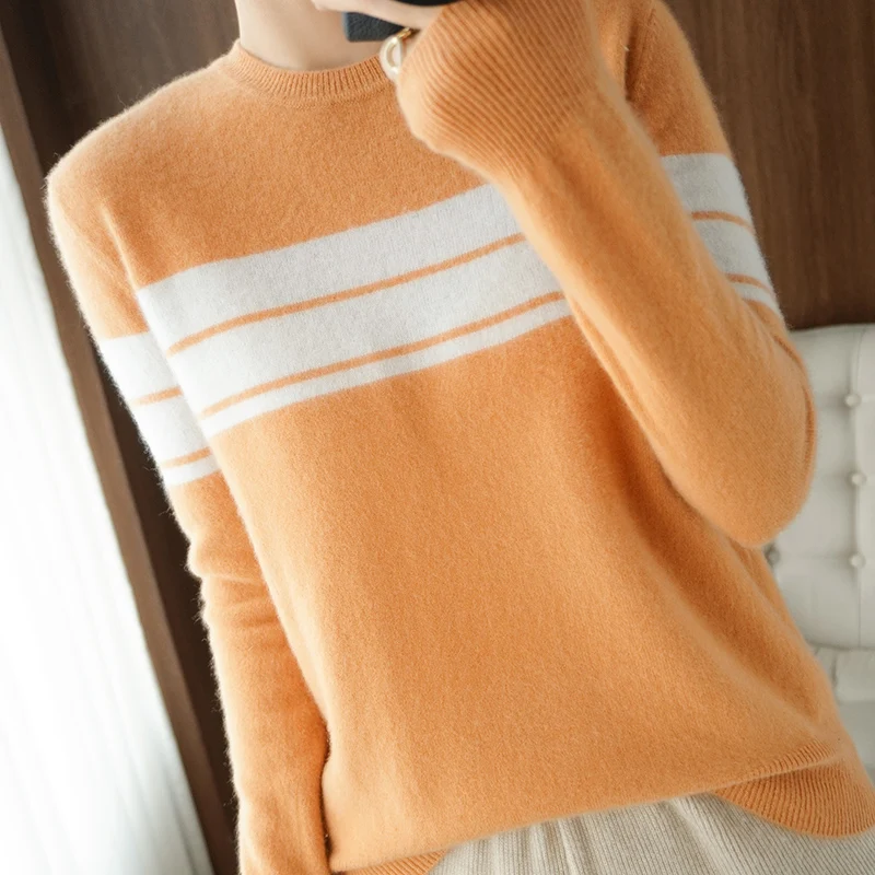 Осенне-зимняя женская новая одежда из 100% шерсти, вязаный круглый вырез, пуловер в сплошную полоску, Повседневная текстурная блузка Изображение 2