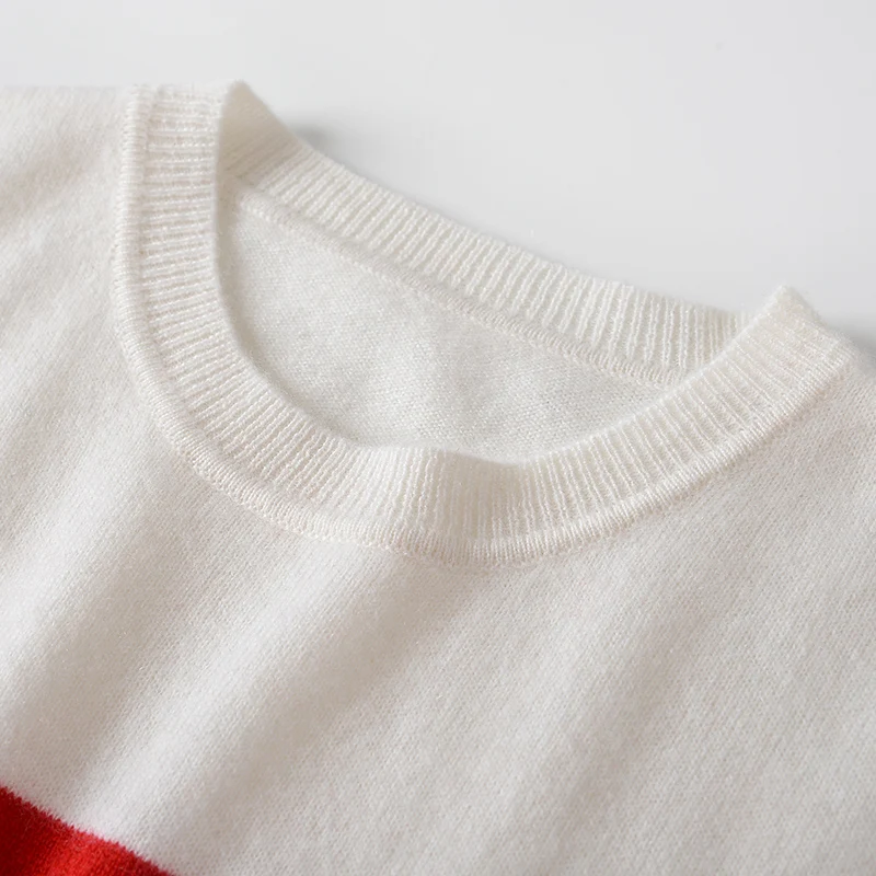 Осенне-зимняя женская новая одежда из 100% шерсти, вязаный круглый вырез, пуловер в сплошную полоску, Повседневная текстурная блузка Изображение 4