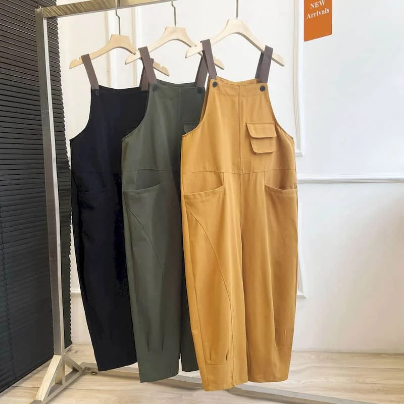 Однотонные комбинезоны для женщин, Свободные Прямые брюки Harajuku, Цельные наряды, Женская рабочая одежда, Повседневные винтажные комбинезоны в корейском стиле Изображение 4