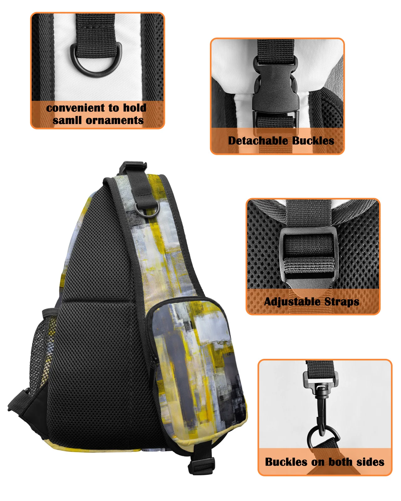 Картина маслом Абстрактные геометрические желтые нагрудные сумки для женщин и мужчин, водонепроницаемые сумки-мессенджеры, спортивная сумка через плечо на одно плечо Изображение 3