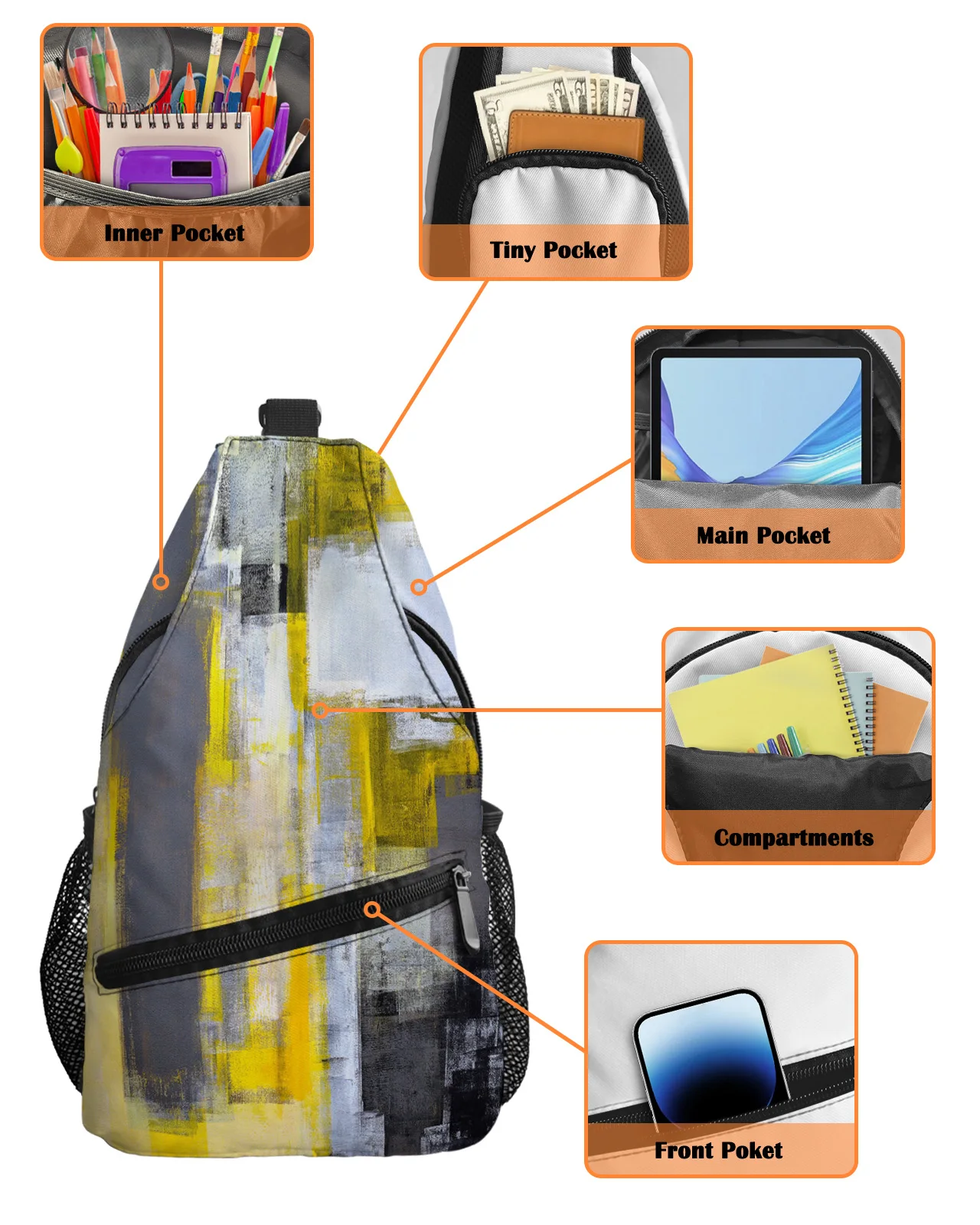 Картина маслом Абстрактные геометрические желтые нагрудные сумки для женщин и мужчин, водонепроницаемые сумки-мессенджеры, спортивная сумка через плечо на одно плечо Изображение 4