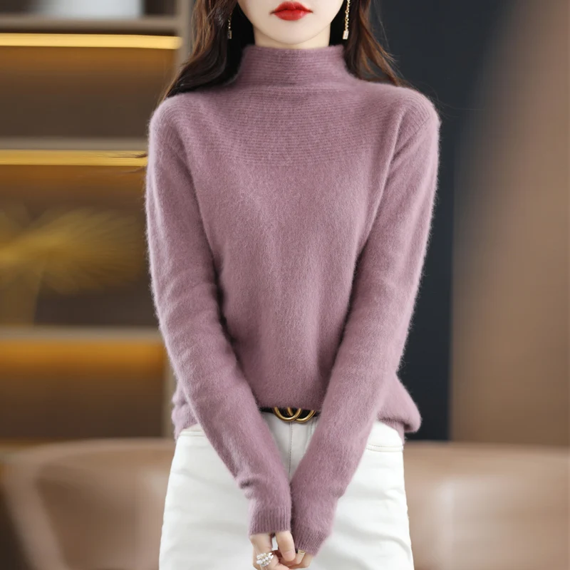 Осенне-зимняя одежда, кашемировый свитер из чистой норки, толстый пуловер с полувысоким вырезом, короткая трикотажная нижняя рубашка, свободный плюс размер s Изображение 1