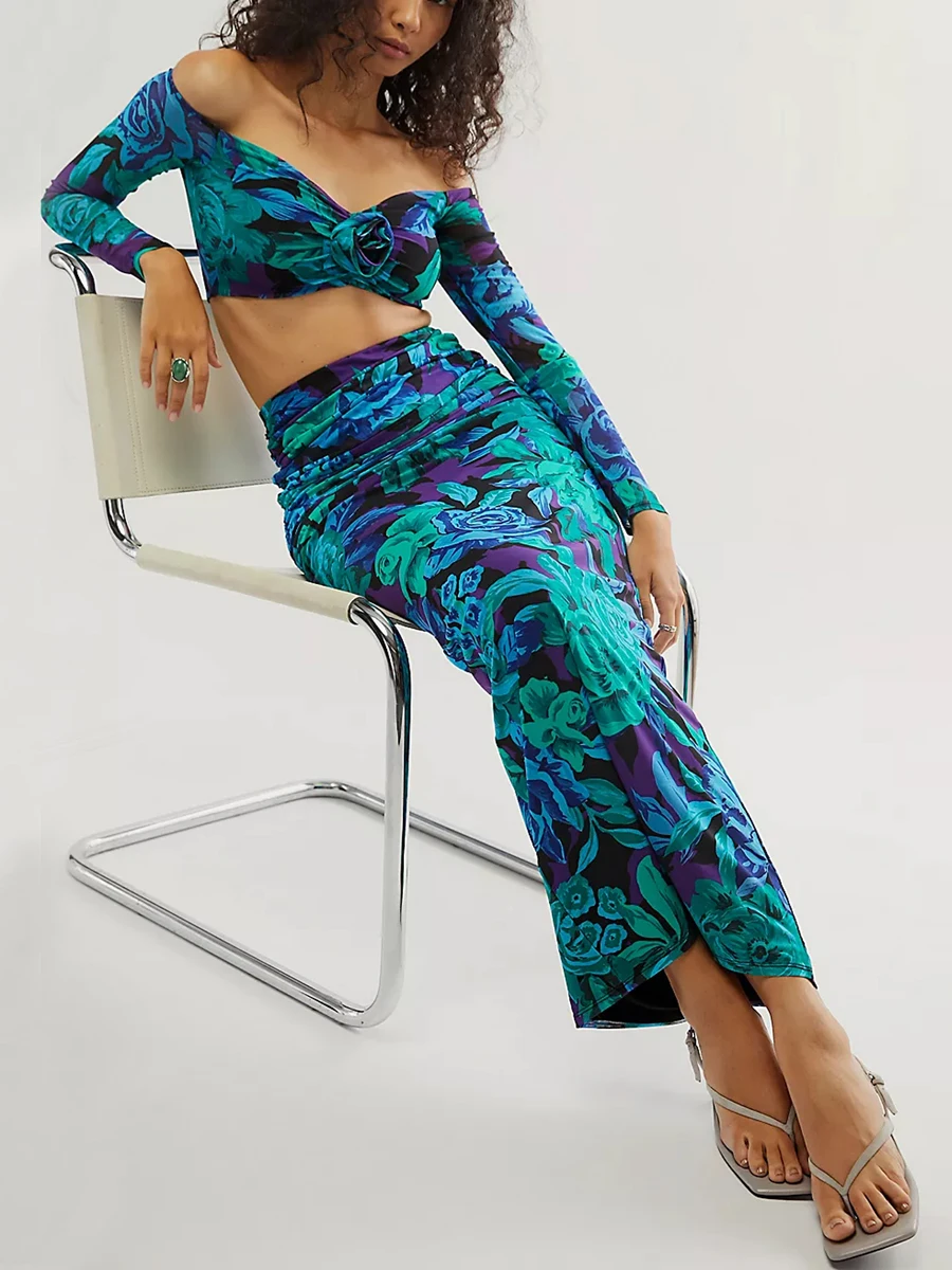 Женский комплект юбок с цветочным принтом, укороченный топ с длинными рукавами и открытыми плечами, длинная юбка с высокой талией, осенний наряд Изображение 1