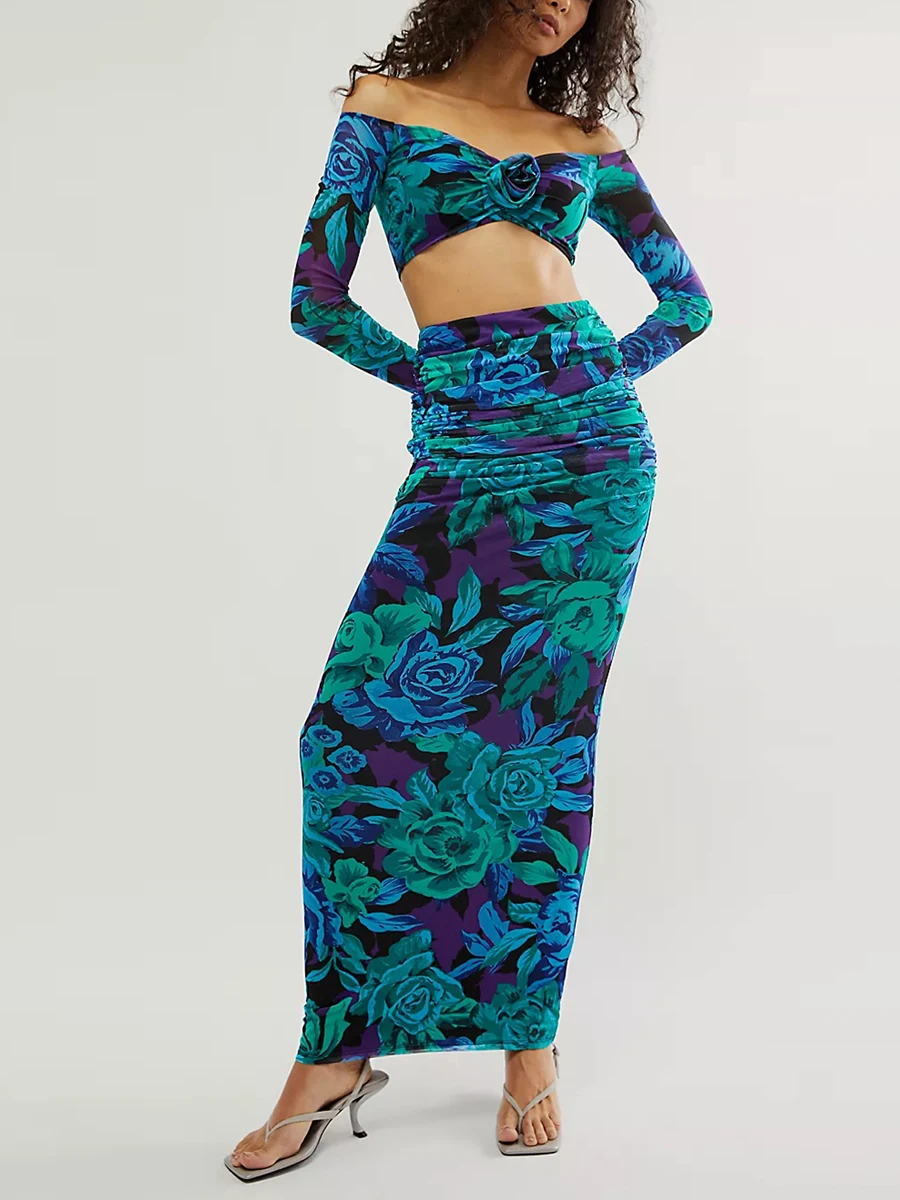 Женский комплект юбок с цветочным принтом, укороченный топ с длинными рукавами и открытыми плечами, длинная юбка с высокой талией, осенний наряд Изображение 2