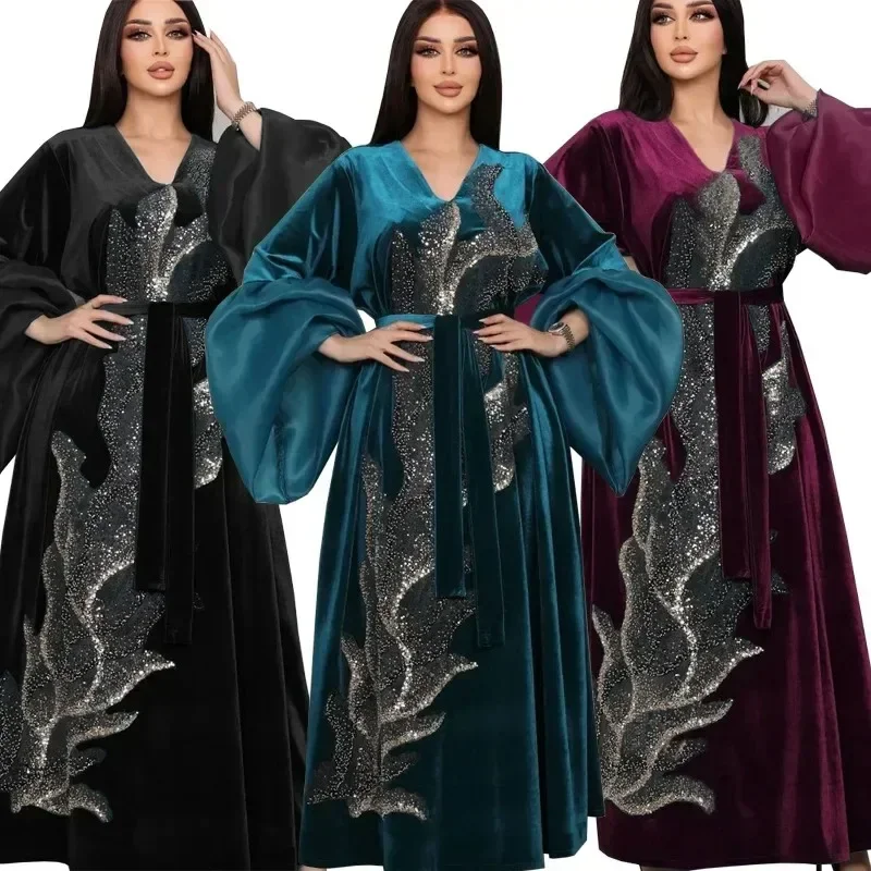 Осенне-зимнее женское платье ближневосточной мусульманки, халат, Бархатные вечерние платья с пышными рукавами, расшитые блестками, Абая Изображение 1