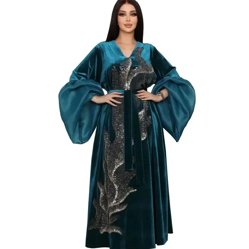 Осенне-зимнее женское платье ближневосточной мусульманки, халат, Бархатные вечерние платья с пышными рукавами, расшитые блестками, Абая Изображение 2