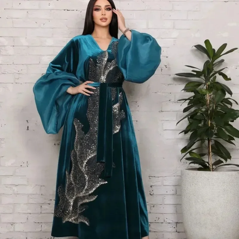 Осенне-зимнее женское платье ближневосточной мусульманки, халат, Бархатные вечерние платья с пышными рукавами, расшитые блестками, Абая Изображение 3
