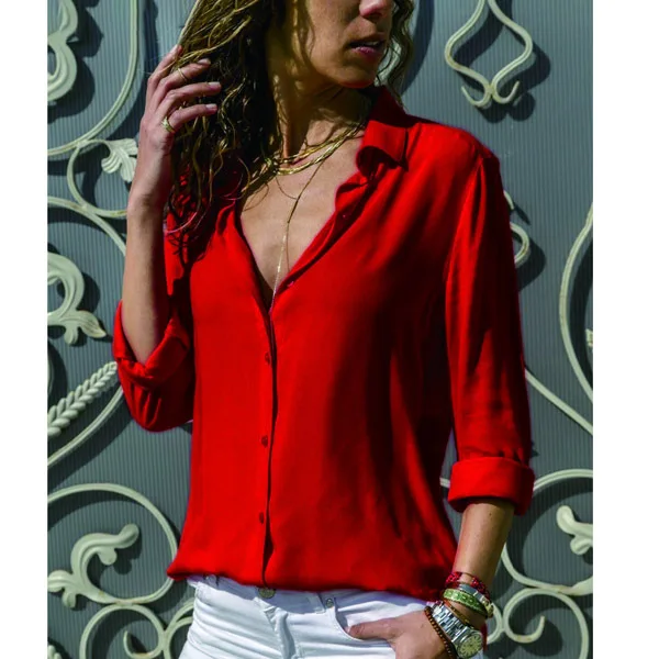 Женская модная однотонная женская рубашка с длинными рукавами и глубоким V-образным вырезом на пуговицах, Весна 2024, Женские рубашки в корейском стиле, блузки Y2k Изображение 2