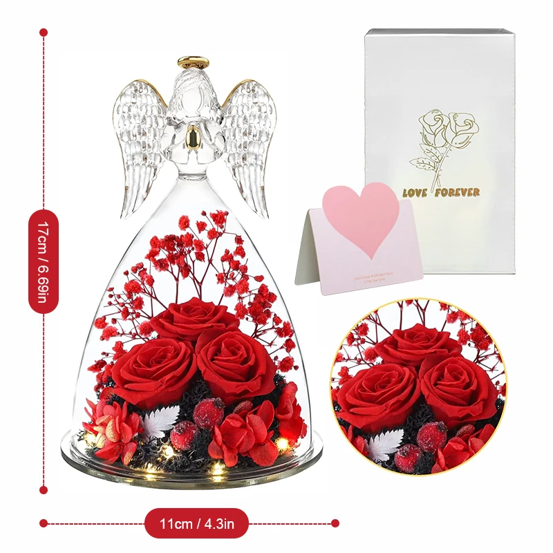 Ангелы-хранители, вечные розы в стекле - уникальный подарок на День Святого Валентина для женщин, дорогие сердцу фигурки ангелов и цветы вне времени. Изображение 3