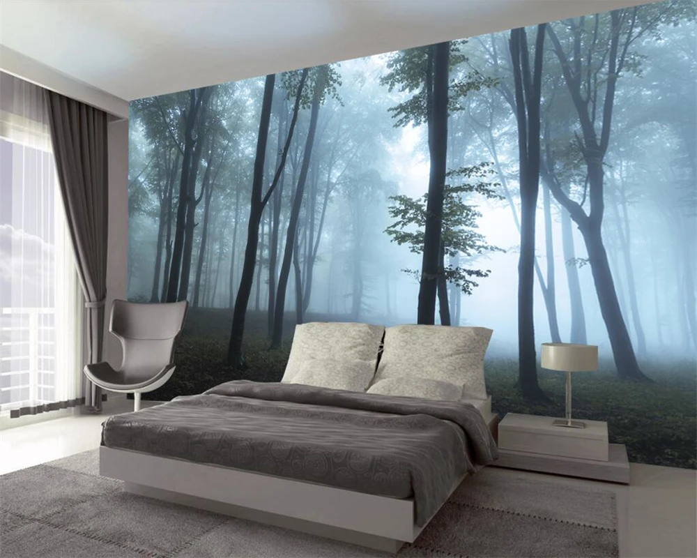 Обои на заказ Beibehang свежие и простые лесные деревья утренний туман фреска ТВ фон гостиная спальня фреска 3d обои Изображение 3