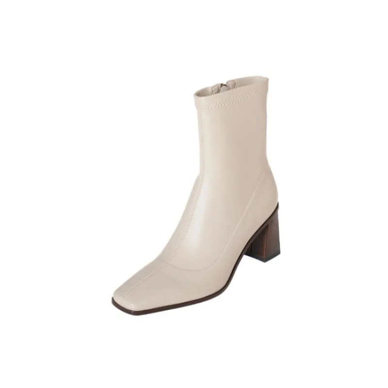 Blapunka, женские ботильоны из эластичной ткани, Бежевые короткие ботинки на молнии с квадратным носком, Осенние женские Элегантные туфли на толстом высоком каблуке, черные Изображение 4