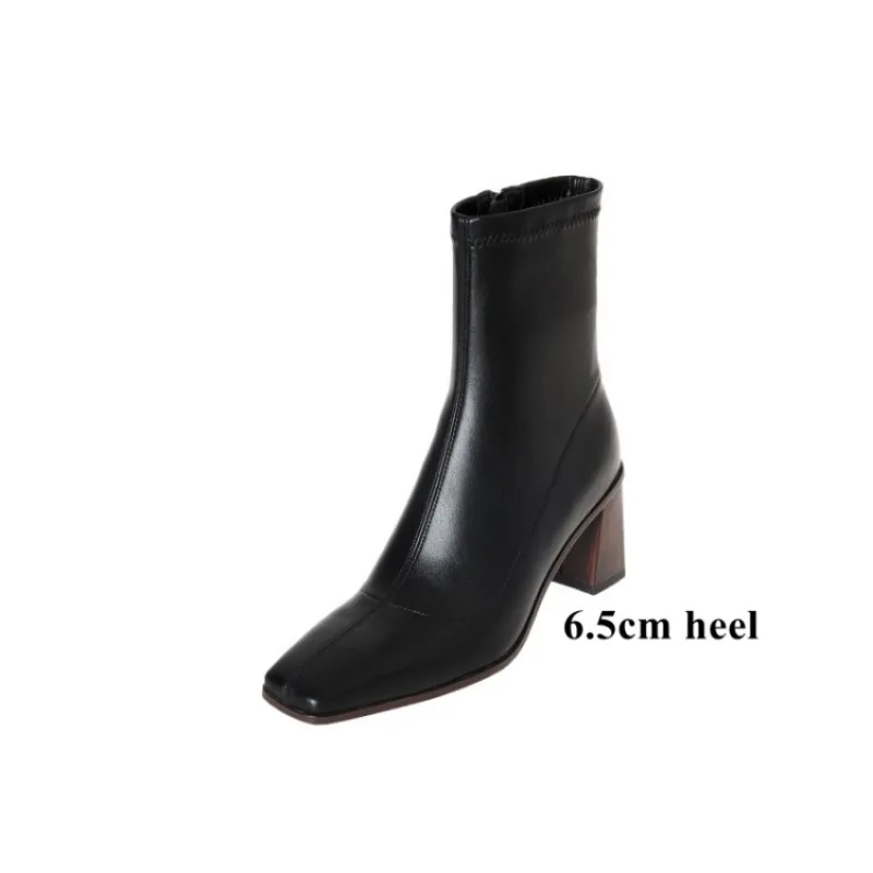 Blapunka, женские ботильоны из эластичной ткани, Бежевые короткие ботинки на молнии с квадратным носком, Осенние женские Элегантные туфли на толстом высоком каблуке, черные Изображение 5