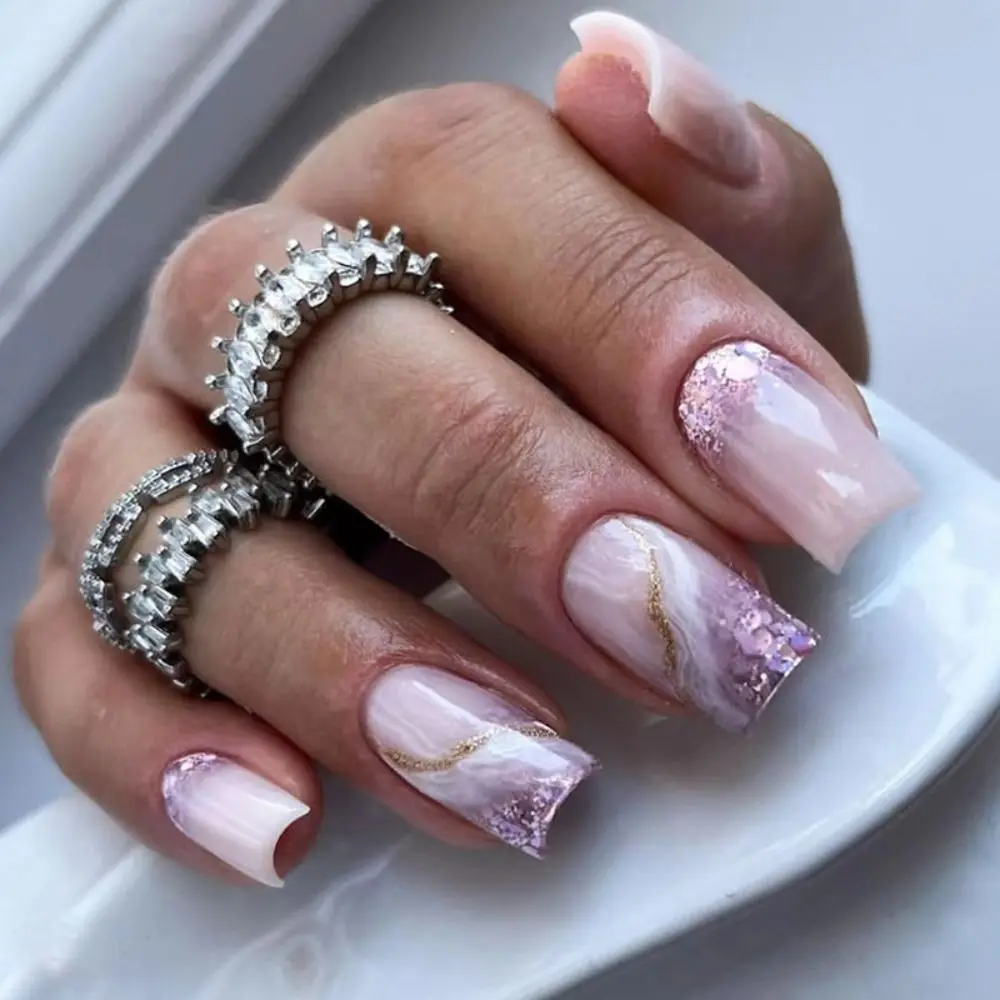 Длинные Квадратные накладные ногти, модная съемная печать на ногтях с полным покрытием, французские накладные ногти Для женщин и девочек Изображение 0