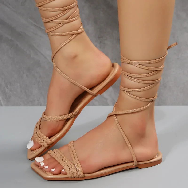 Женская обувь 2023, Летние Модные Сандалии На плоской подошве С Открытым Носком, Пикантные Однотонные Пляжные Сандалии на шнуровке для Женщин, Zapatillas De Mujer Изображение 1