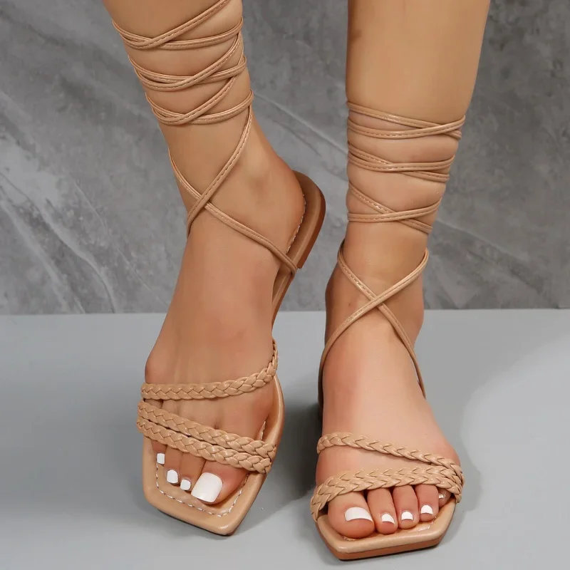 Женская обувь 2023, Летние Модные Сандалии На плоской подошве С Открытым Носком, Пикантные Однотонные Пляжные Сандалии на шнуровке для Женщин, Zapatillas De Mujer Изображение 4