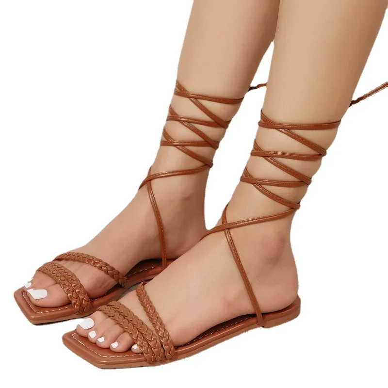 Женская обувь 2023, Летние Модные Сандалии На плоской подошве С Открытым Носком, Пикантные Однотонные Пляжные Сандалии на шнуровке для Женщин, Zapatillas De Mujer Изображение 5