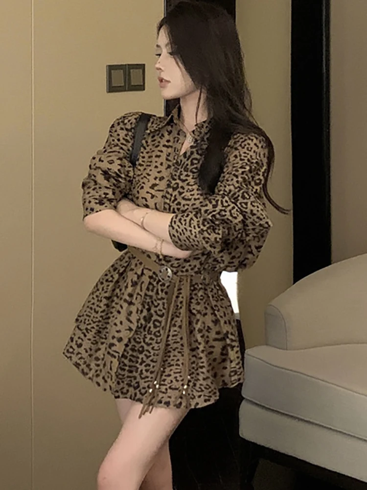 Женское Шикарное Леопардовое Повседневное Мини-платье-рубашка Осень-Зима С Длинным Рукавом И Воротником-Поло, Облегающее Платье 2023, Корейское Модное Элегантное Платье Изображение 1