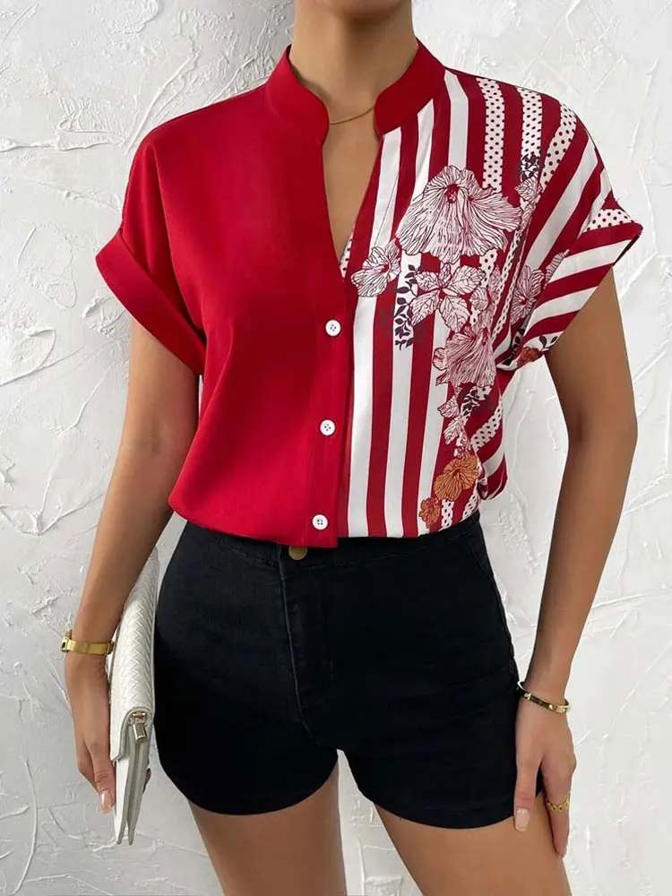 Летняя рубашка с цветочным рисунком 2023, женская блузка, рубашка на пуговицах, женская рубашка с V-образным вырезом и коротким рукавом в цветочек, женская рубашка Изображение 4