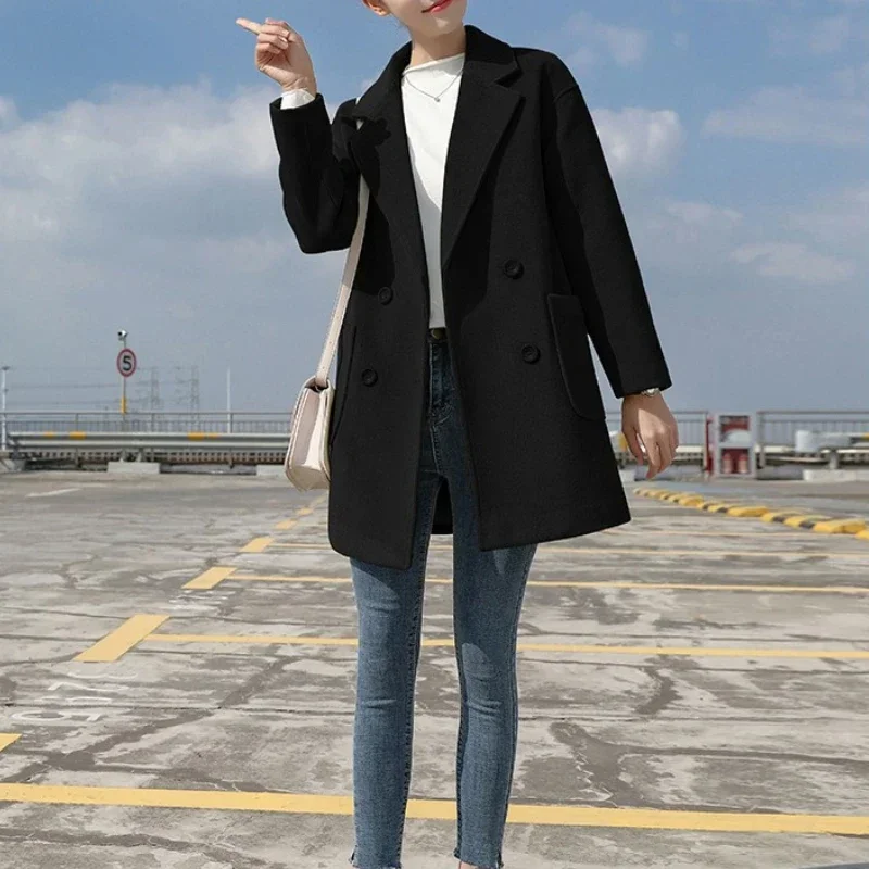 Женская элегантная Черная куртка с длинным рукавом, Двубортная модная куртка, зимняя повседневная Свободная теплая шерстяная куртка, ветровка Изображение 1