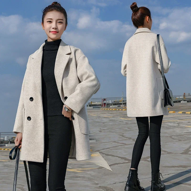 Женская элегантная Черная куртка с длинным рукавом, Двубортная модная куртка, зимняя повседневная Свободная теплая шерстяная куртка, ветровка Изображение 5