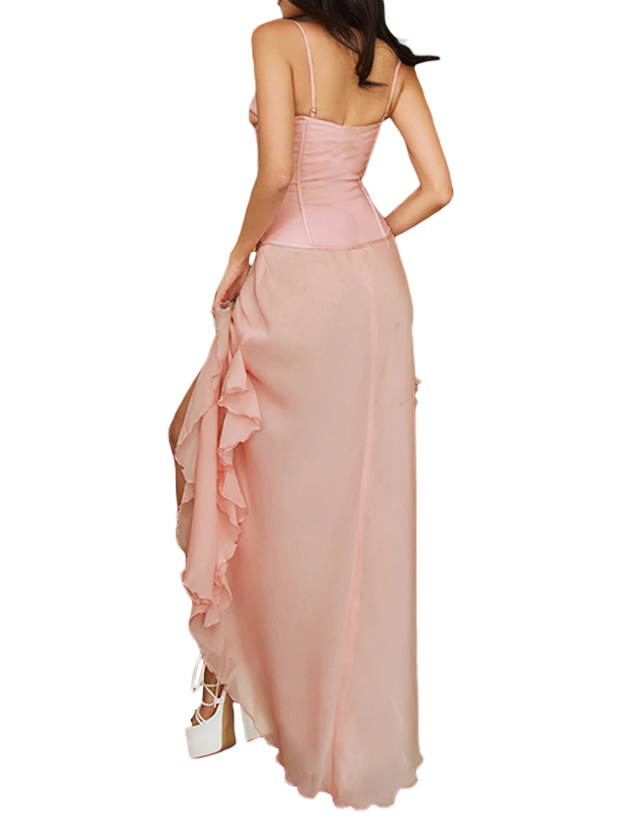 Женское летнее коктейльное платье-комбинация без рукавов с открытой спиной, платье с оборками, платье с разрезом, Корсетное платье на завязках Изображение 1